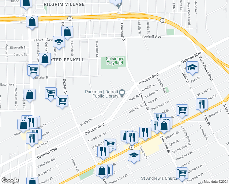 map of restaurants, bars, coffee shops, grocery stores, and more near 2901 Doris Street in Detroit