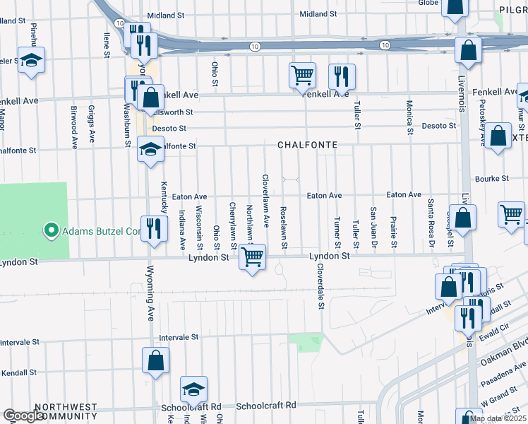 map of restaurants, bars, coffee shops, grocery stores, and more near 14649 Cloverlawn Avenue in Detroit