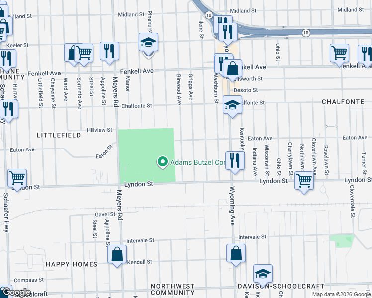map of restaurants, bars, coffee shops, grocery stores, and more near 14665 Griggs Street in Detroit