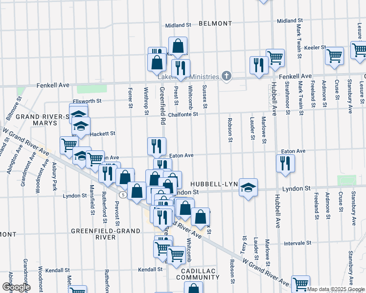 map of restaurants, bars, coffee shops, grocery stores, and more near 14857 Prest Street in Detroit