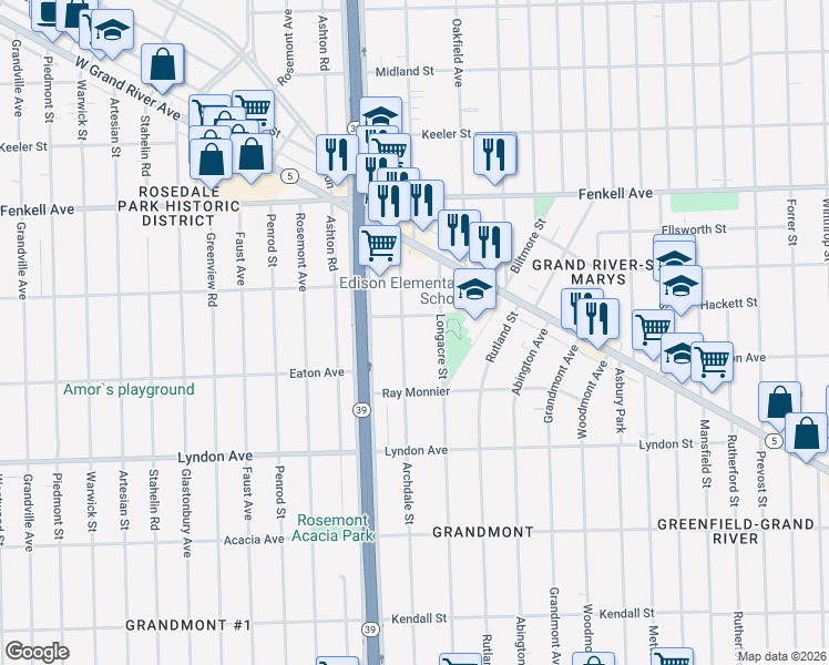 map of restaurants, bars, coffee shops, grocery stores, and more near 14731 Longacre Street in Detroit
