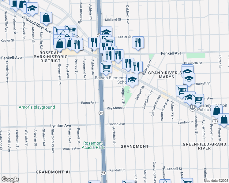 map of restaurants, bars, coffee shops, grocery stores, and more near 14733 Archdale Street in Detroit