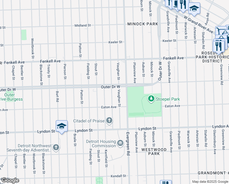 map of restaurants, bars, coffee shops, grocery stores, and more near 10601 Outer Drive West in Detroit