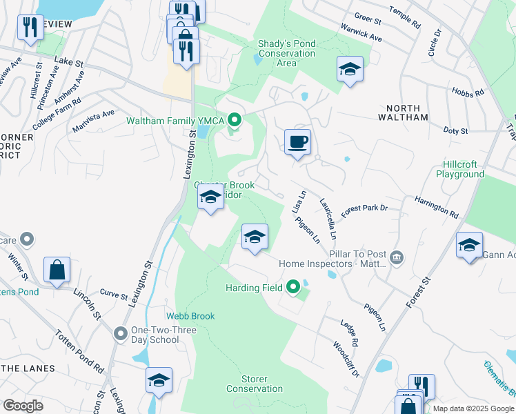 map of restaurants, bars, coffee shops, grocery stores, and more near Western Greenway in Waltham