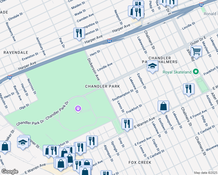 map of restaurants, bars, coffee shops, grocery stores, and more near 13030 Chandler Park Drive in Detroit
