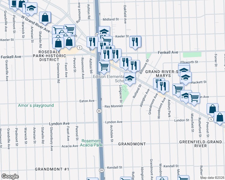 map of restaurants, bars, coffee shops, grocery stores, and more near 14731 Longacre Street in Detroit