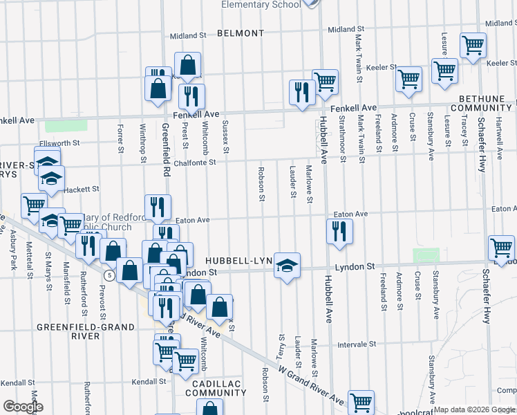 map of restaurants, bars, coffee shops, grocery stores, and more near 14825 Robson Street in Detroit