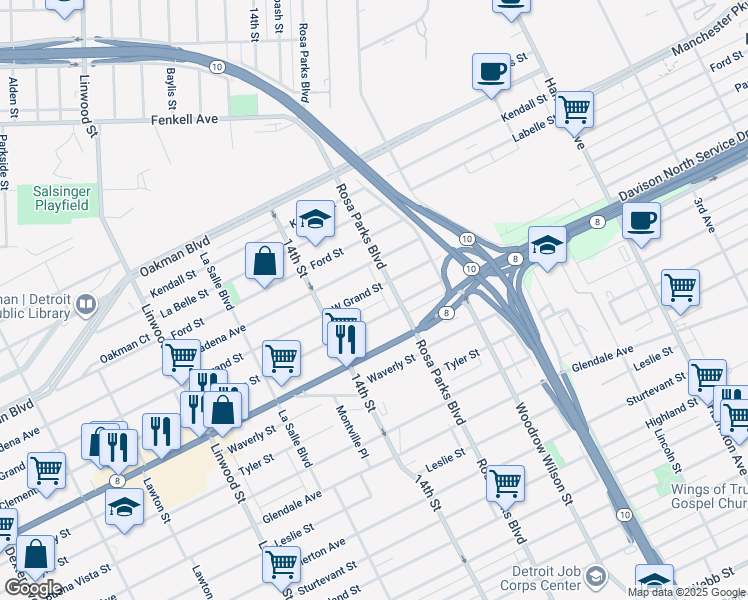 map of restaurants, bars, coffee shops, grocery stores, and more near 1941 Grand Street in Detroit