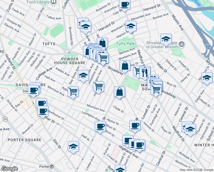 map of restaurants, bars, coffee shops, grocery stores, and more near 90 Prichard Avenue in Somerville