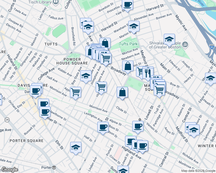 map of restaurants, bars, coffee shops, grocery stores, and more near 90 Prichard Avenue in Somerville