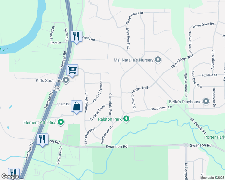 map of restaurants, bars, coffee shops, grocery stores, and more near 9427 Corriedale Run in Roscoe