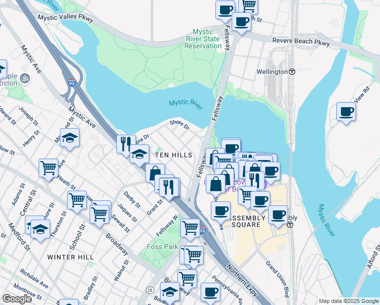 map of restaurants, bars, coffee shops, grocery stores, and more near 80 Ten Hills Road in Somerville