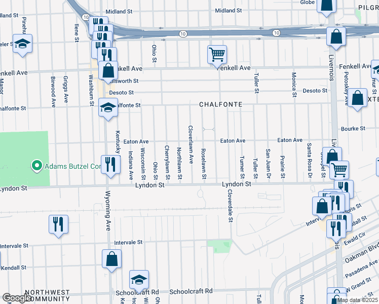 map of restaurants, bars, coffee shops, grocery stores, and more near 14649 Cloverlawn Avenue in Detroit
