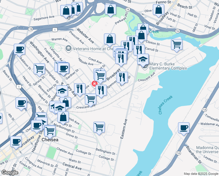 map of restaurants, bars, coffee shops, grocery stores, and more near 113 Spencer Avenue in Chelsea