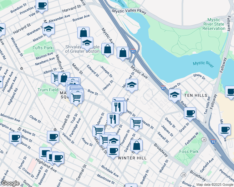 map of restaurants, bars, coffee shops, grocery stores, and more near 25 Fremont Street in Somerville