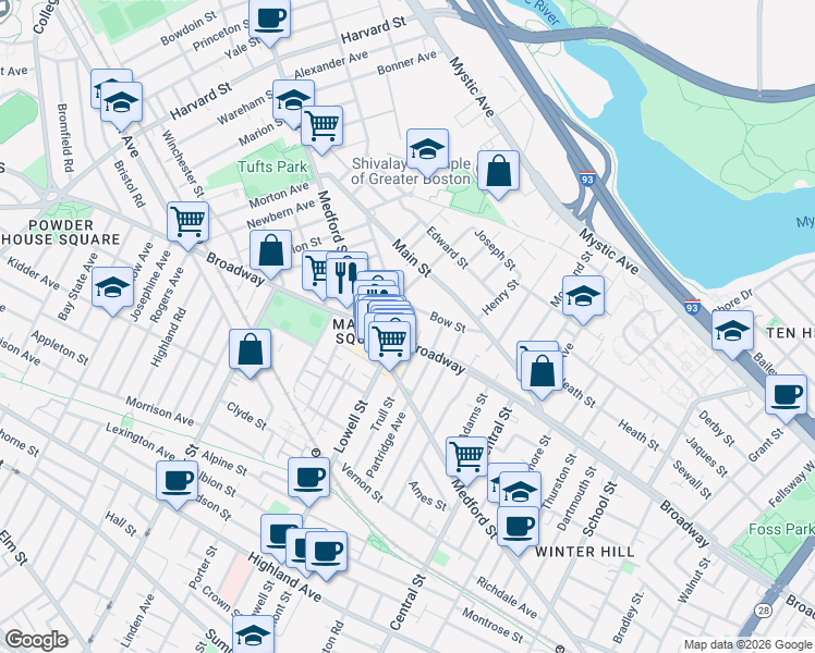 map of restaurants, bars, coffee shops, grocery stores, and more near 483 Broadway in Medford