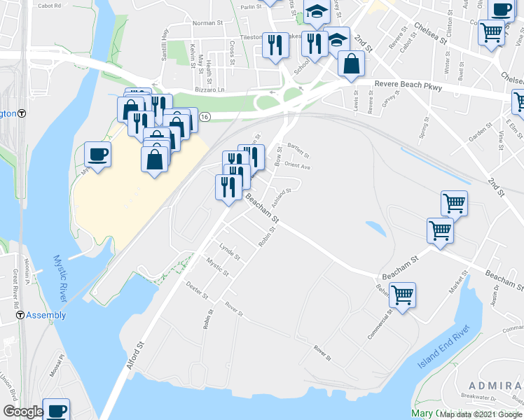 map of restaurants, bars, coffee shops, grocery stores, and more near 23 Beacham Street in Everett
