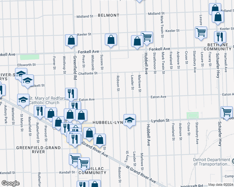 map of restaurants, bars, coffee shops, grocery stores, and more near 14825 Robson Street in Detroit