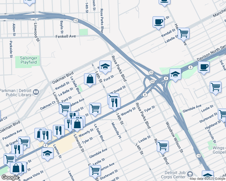 map of restaurants, bars, coffee shops, grocery stores, and more near 2016 Grand Street in Detroit