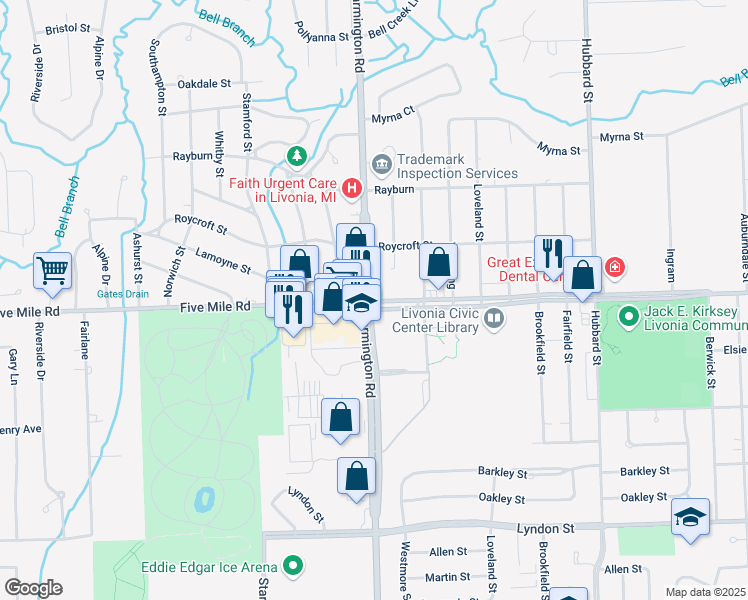 map of restaurants, bars, coffee shops, grocery stores, and more near 30935 W Five Mile Road in Livonia