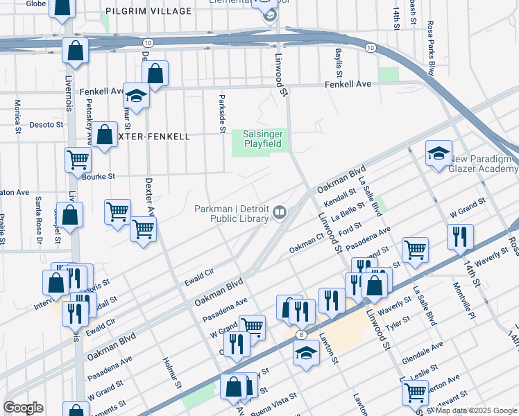 map of restaurants, bars, coffee shops, grocery stores, and more near 2901 Doris Street in Detroit