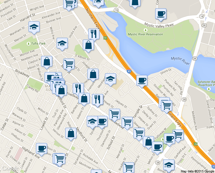 map of restaurants, bars, coffee shops, grocery stores, and more near 53 Moreland Street in Somerville