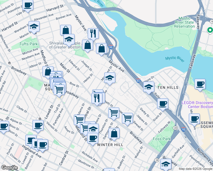 map of restaurants, bars, coffee shops, grocery stores, and more near 2 Century Street in Somerville