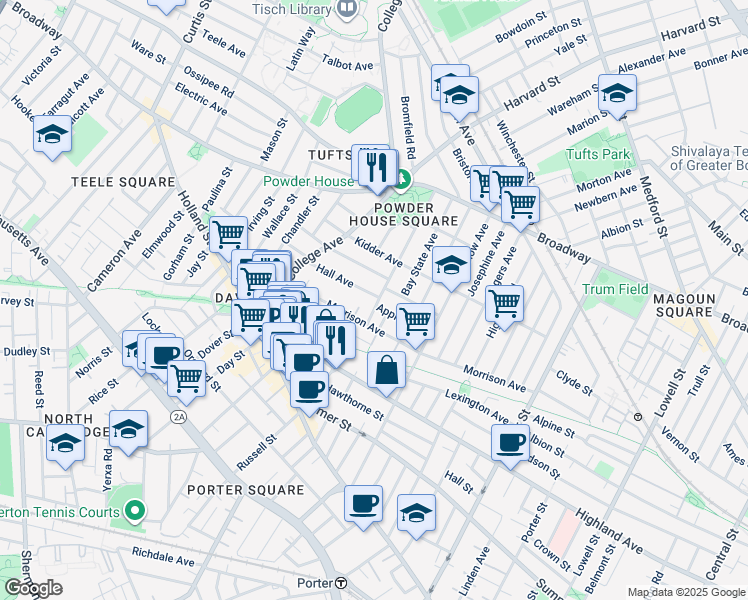 map of restaurants, bars, coffee shops, grocery stores, and more near 73 Hall Avenue in Somerville
