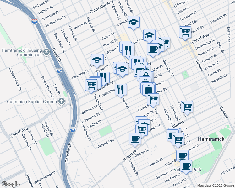 map of restaurants, bars, coffee shops, grocery stores, and more near 2225 Belmont Street in Hamtramck