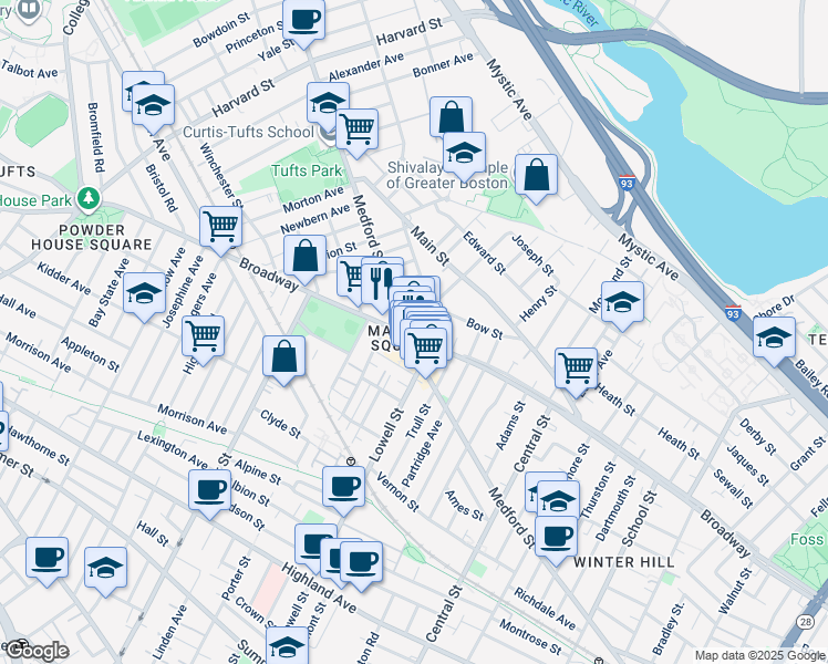 map of restaurants, bars, coffee shops, grocery stores, and more near 493 Broadway in Somerville