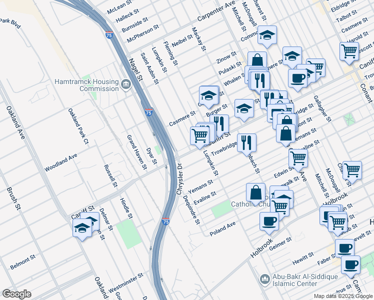 map of restaurants, bars, coffee shops, grocery stores, and more near 2031 Caniff Street in Hamtramck