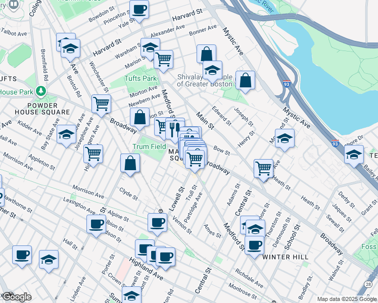map of restaurants, bars, coffee shops, grocery stores, and more near in Somerville