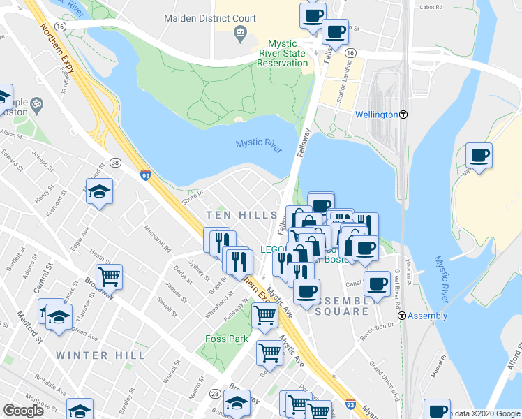 map of restaurants, bars, coffee shops, grocery stores, and more near 43 Putnam Road in Somerville
