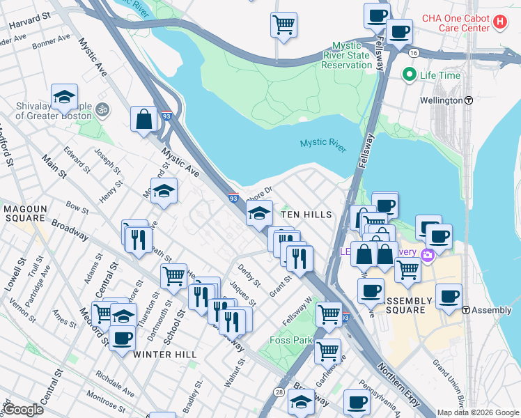 map of restaurants, bars, coffee shops, grocery stores, and more near 116 Governor Winthrop Road in Somerville