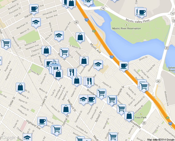 map of restaurants, bars, coffee shops, grocery stores, and more near 25 Fremont Street in Somerville