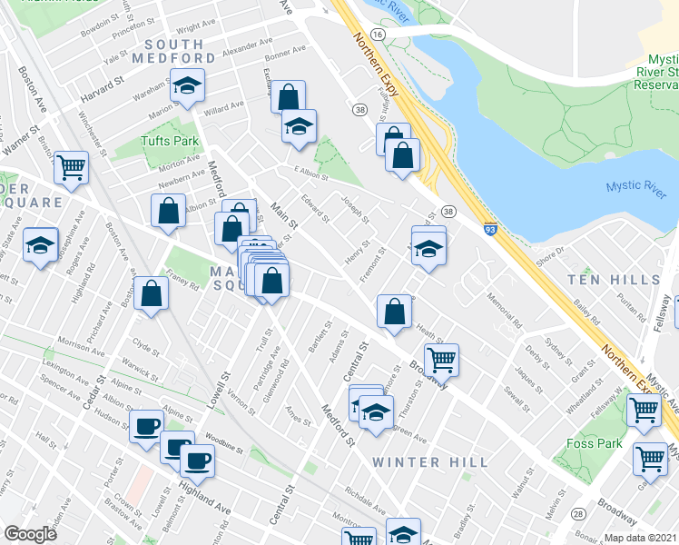 map of restaurants, bars, coffee shops, grocery stores, and more near in Medford