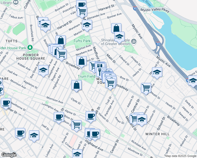 map of restaurants, bars, coffee shops, grocery stores, and more near 10 Charles E Ryan Road in Somerville