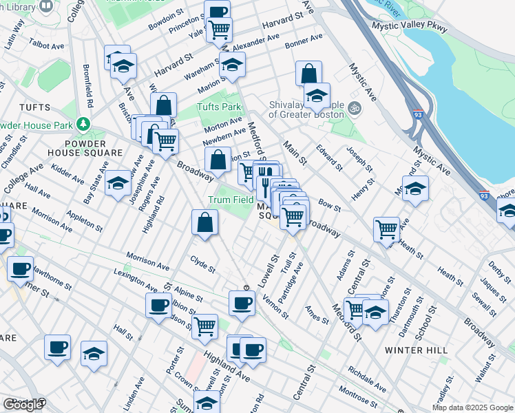 map of restaurants, bars, coffee shops, grocery stores, and more near 10 Charles E Ryan Road in Somerville