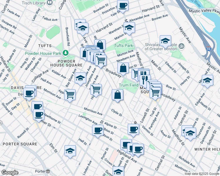 map of restaurants, bars, coffee shops, grocery stores, and more near 90 Prichard Avenue in Somerville