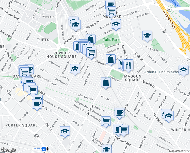 map of restaurants, bars, coffee shops, grocery stores, and more near 90 Prichard Avenue in Somerville