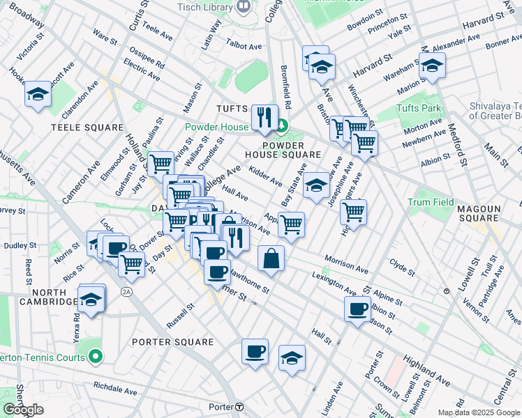 map of restaurants, bars, coffee shops, grocery stores, and more near 63 Hall Avenue in Somerville