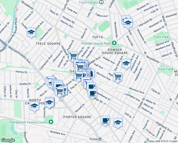 map of restaurants, bars, coffee shops, grocery stores, and more near 10 Winslow Avenue in Somerville