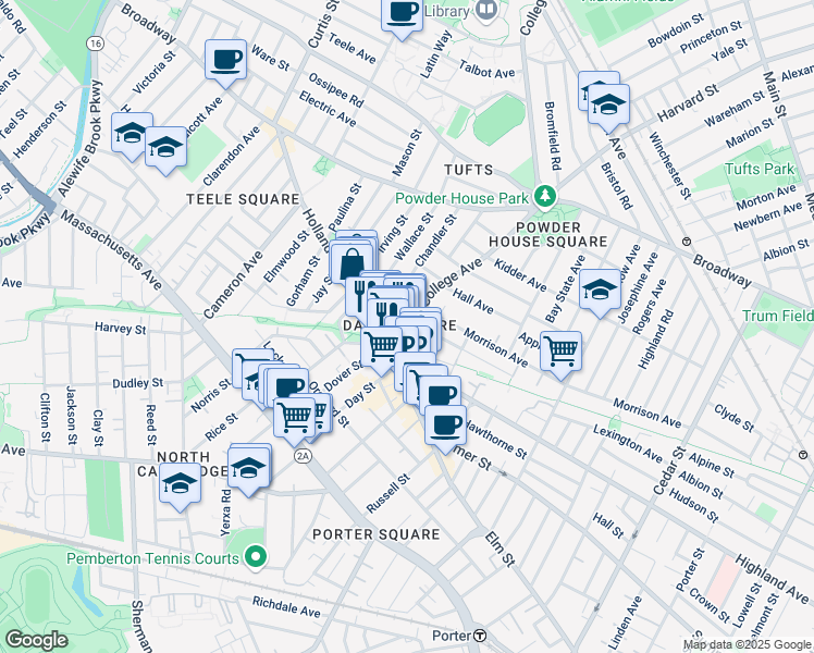 map of restaurants, bars, coffee shops, grocery stores, and more near in Somerville