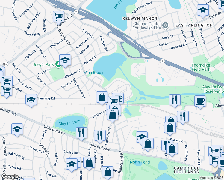 map of restaurants, bars, coffee shops, grocery stores, and more near 14-20 Hill Road in Belmont
