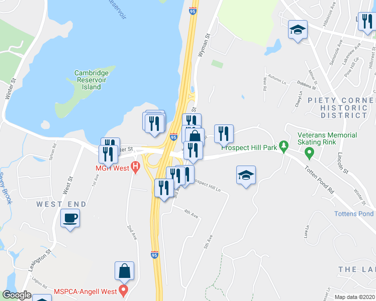 map of restaurants, bars, coffee shops, grocery stores, and more near 392 Winter Street in Waltham