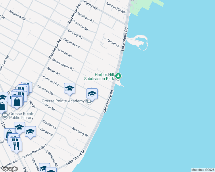 map of restaurants, bars, coffee shops, grocery stores, and more near 207 Lake Shore Road in Grosse Pointe Farms
