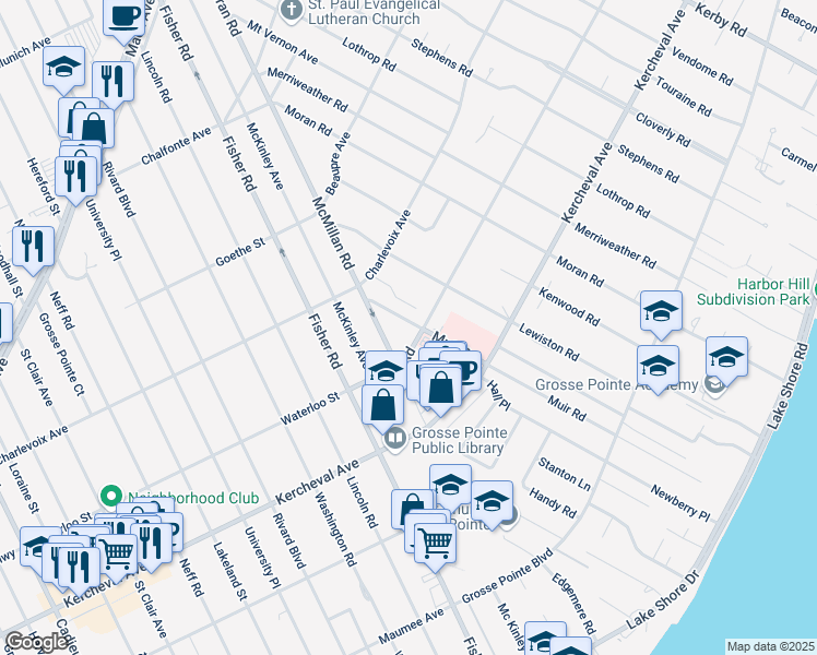 map of restaurants, bars, coffee shops, grocery stores, and more near 213 Muir Road in Grosse Pointe Farms