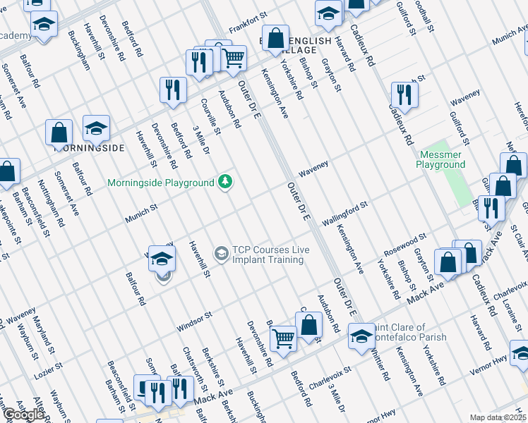 map of restaurants, bars, coffee shops, grocery stores, and more near 4186 Courville Street in Detroit