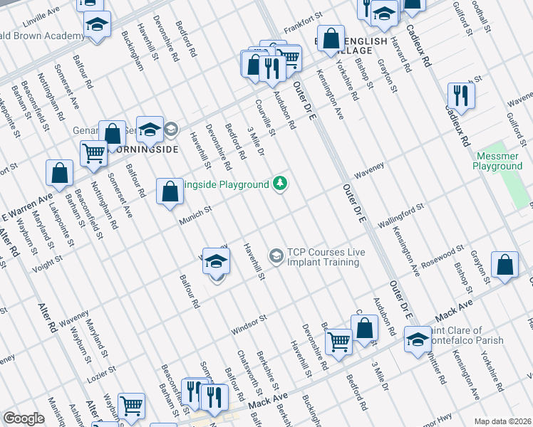 map of restaurants, bars, coffee shops, grocery stores, and more near 4326 Bedford Street in Detroit