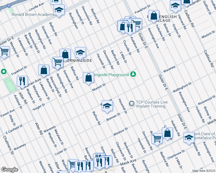 map of restaurants, bars, coffee shops, grocery stores, and more near 4400 Buckingham in Detroit